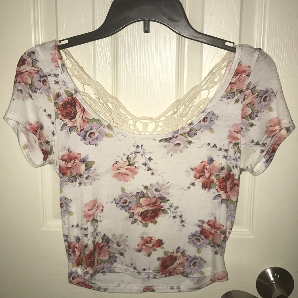 Floral Print Crop Top with Lace Detailing